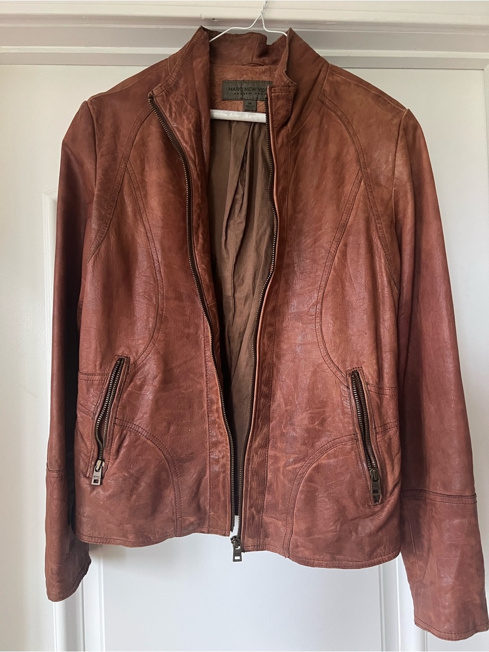 Marc New York Cognac Brown Leather Zip Jacket